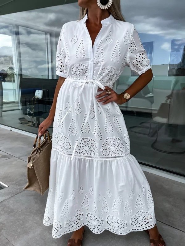Cotton Linen Garment Factory Custom Women Bohemian V Neck Short Sleeve Pocket Loose Maxi Hollow Mesh Dress