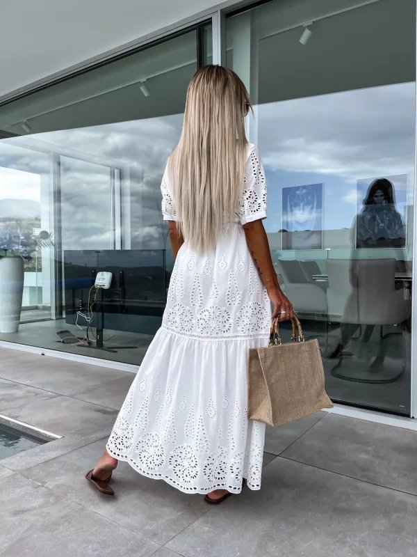 Cotton Linen Garment Factory Custom Women Bohemian V Neck Short Sleeve Pocket Loose Maxi Hollow Mesh Dress