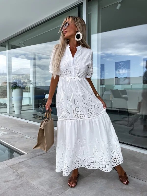Cotton Linen Garment Factory Custom Women Bohemian V Neck Short Sleeve Pocket Loose Maxi Hollow Mesh Dress