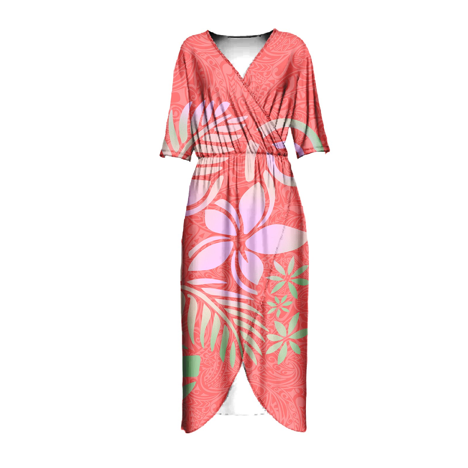Wholesale 2024 Polyneisan Samoan Tribal Designs Women Shirt Dress Loose Daily Wear Dress Short Sleeve Midi Dress V Neck