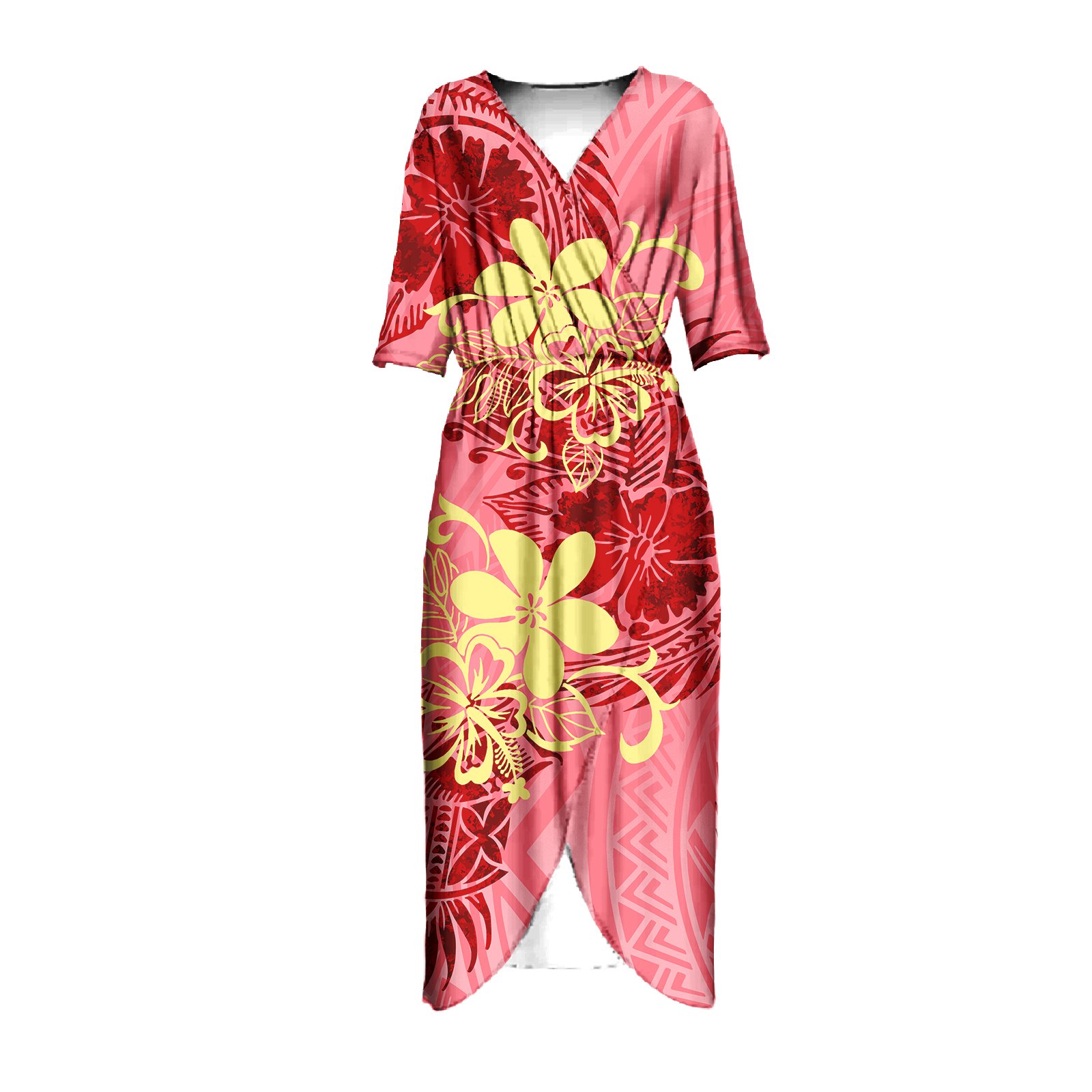 Wholesale 2024 Polyneisan Samoan Tribal Designs Women Shirt Dress Loose Daily Wear Dress Short Sleeve Midi Dress V Neck
