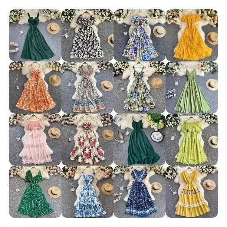 Wholesale Fashion Women's Long Summer Shoulder Fragmented Flower Dress Women's Fashion Chiffon Casual Dress