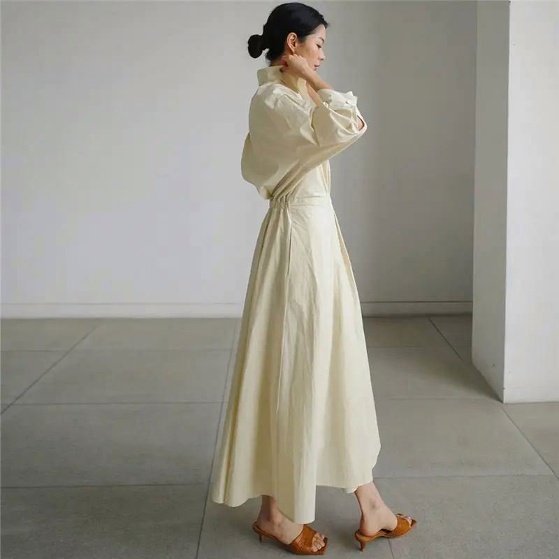 China Factory Best Sell Fashion Solid Color Dresses Women Elegant High Waist Loose Long-sleeved Shirt Casual Dress