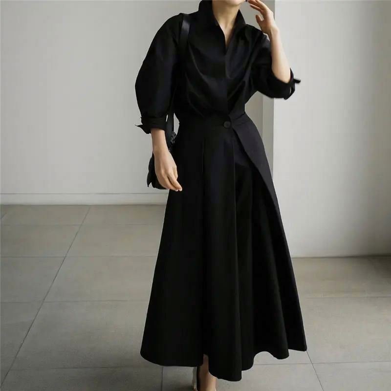 China Factory Best Sell Fashion Solid Color Dresses Women Elegant High Waist Loose Long-sleeved Shirt Casual Dress