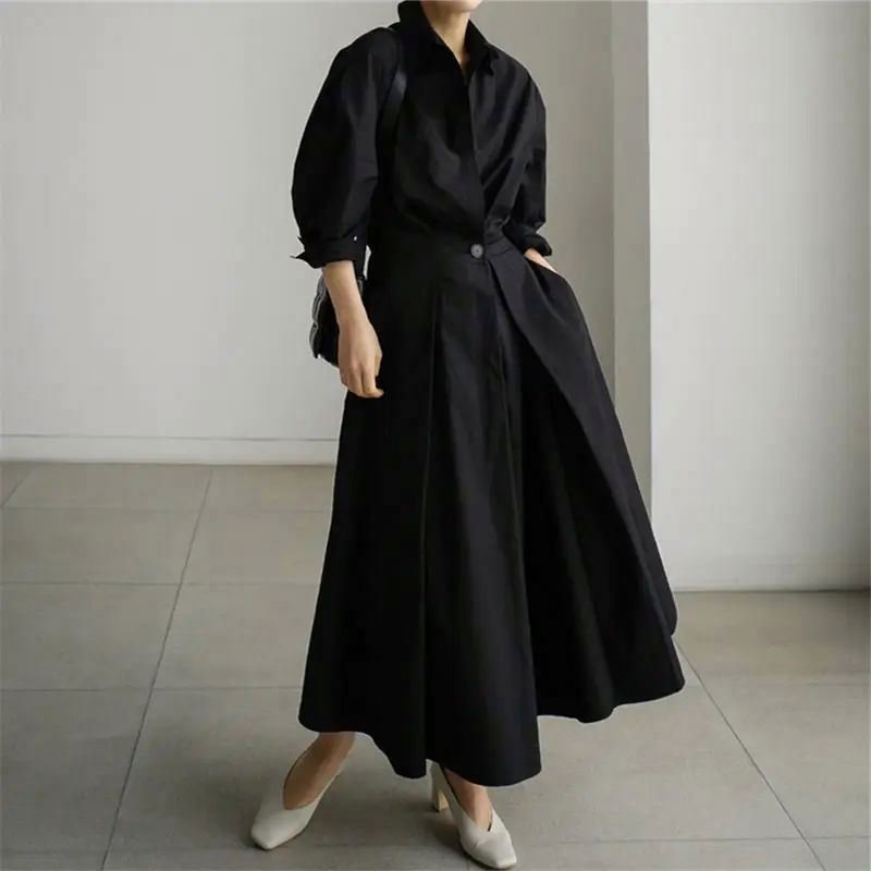 China Factory Best Sell Fashion Solid Color Dresses Women Elegant High Waist Loose Long-sleeved Shirt Casual Dress