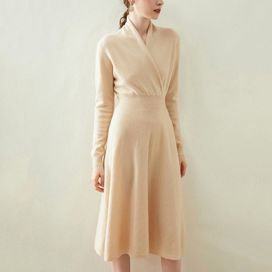 Wholesale Winter Long Sleeve Knit Dress French Style Custom Fall Elegant Casual Long Autumn Women 100% Cashmere Sweater Dresses