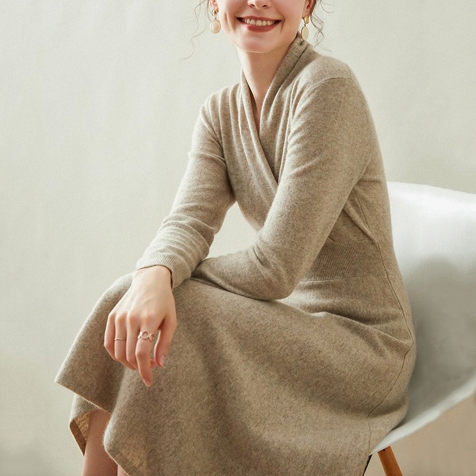 Wholesale Winter Long Sleeve Knit Dress French Style Custom Fall Elegant Casual Long Autumn Women 100% Cashmere Sweater Dresses