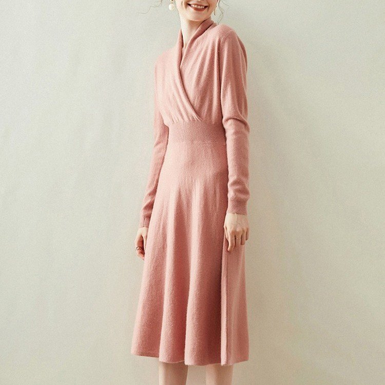 Wholesale Winter Long Sleeve Knit Dress French Style Custom Fall Elegant Casual Long Autumn Women 100% Cashmere Sweater Dresses