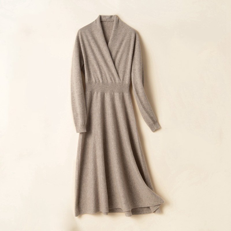 Wholesale Winter Long Sleeve Knit Dress French Style Custom Fall Elegant Casual Long Autumn Women 100% Cashmere Sweater Dresses