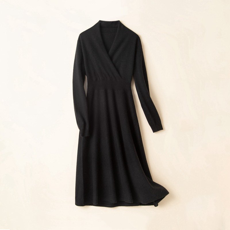 Wholesale Winter Long Sleeve Knit Dress French Style Custom Fall Elegant Casual Long Autumn Women 100% Cashmere Sweater Dresses