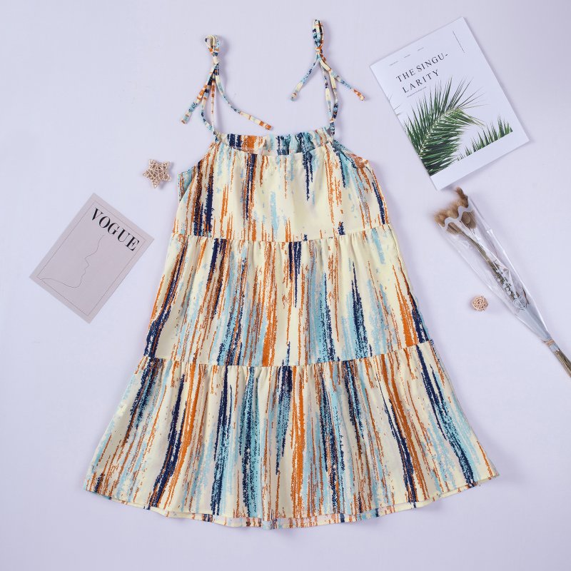 2024 Summer Clothes Printed Lace Up Spaghetti Strap Shift Mini Dress Casual Bohemian Women Dresses Short