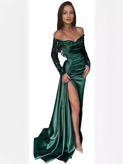 Black Mermaid Evening Dresses Sequined Long Sleeves Formal Party Dress Pleated High Split Women Special Prom Gowns