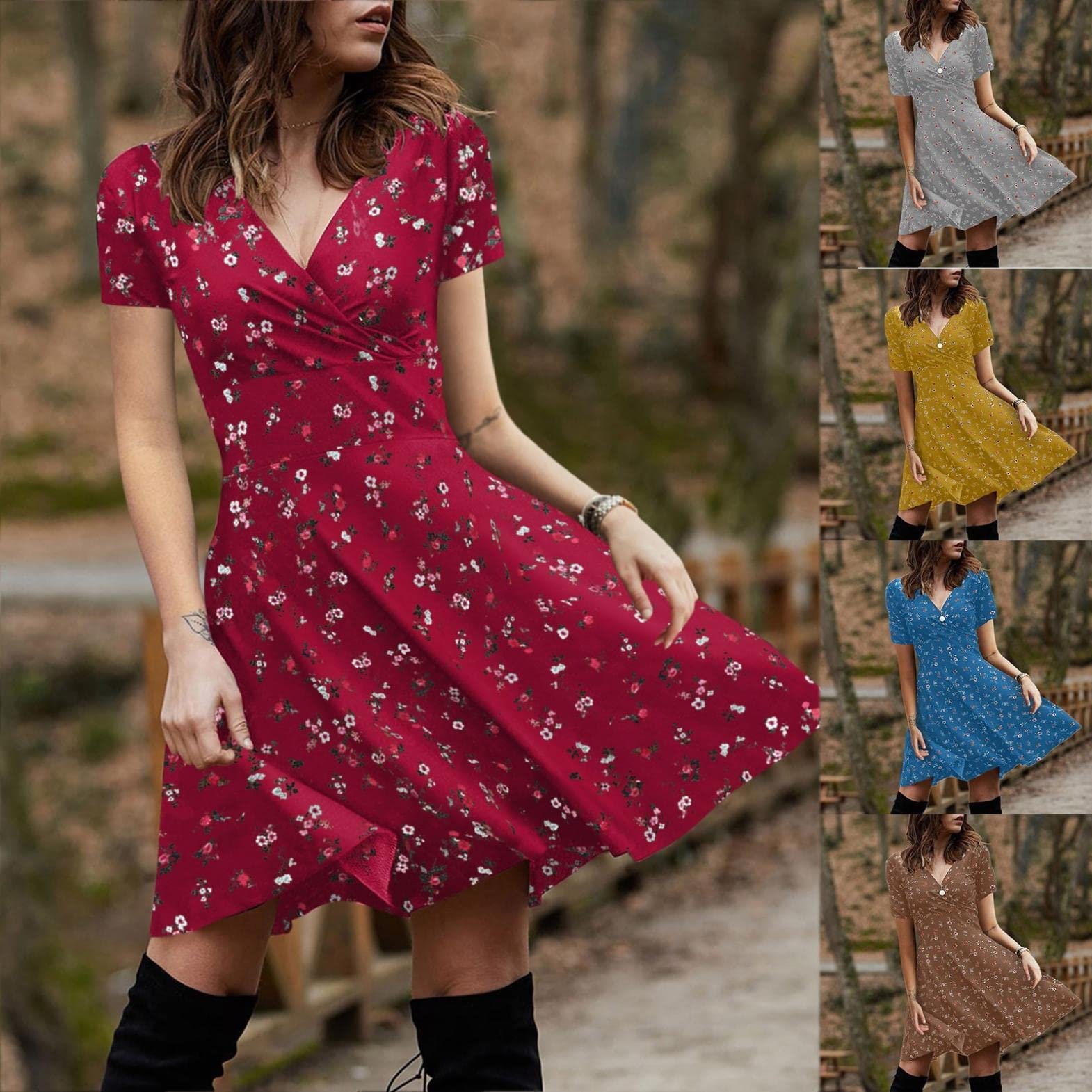 Summer Short Sleeve Dresses Robe Vintage Elegant Party Club Ball Gown Casual Dress Women Flowy Swing V Neck Midi Dress
