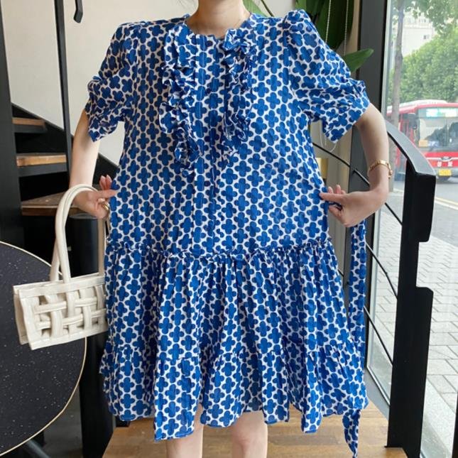Korean Printed Round Neck Dress Lady Ruffles Puff Sleeve Dress Short Sleeves Women's Casual Long Sleeve Casual Dress