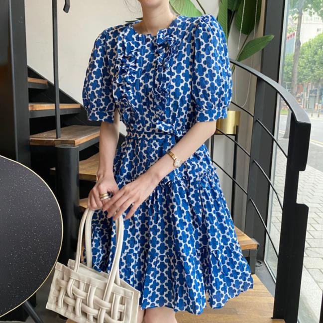Korean Printed Round Neck Dress Lady Ruffles Puff Sleeve Dress Short Sleeves Women's Casual Long Sleeve Casual Dress