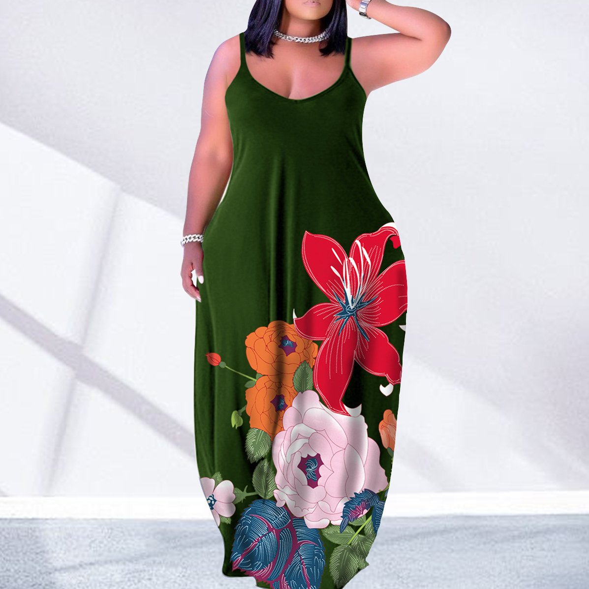 Fashion Casual Sleeveless Plus Size Floral Sundress Women Loose Floor Length Sexy Maxi Dress with Pockets