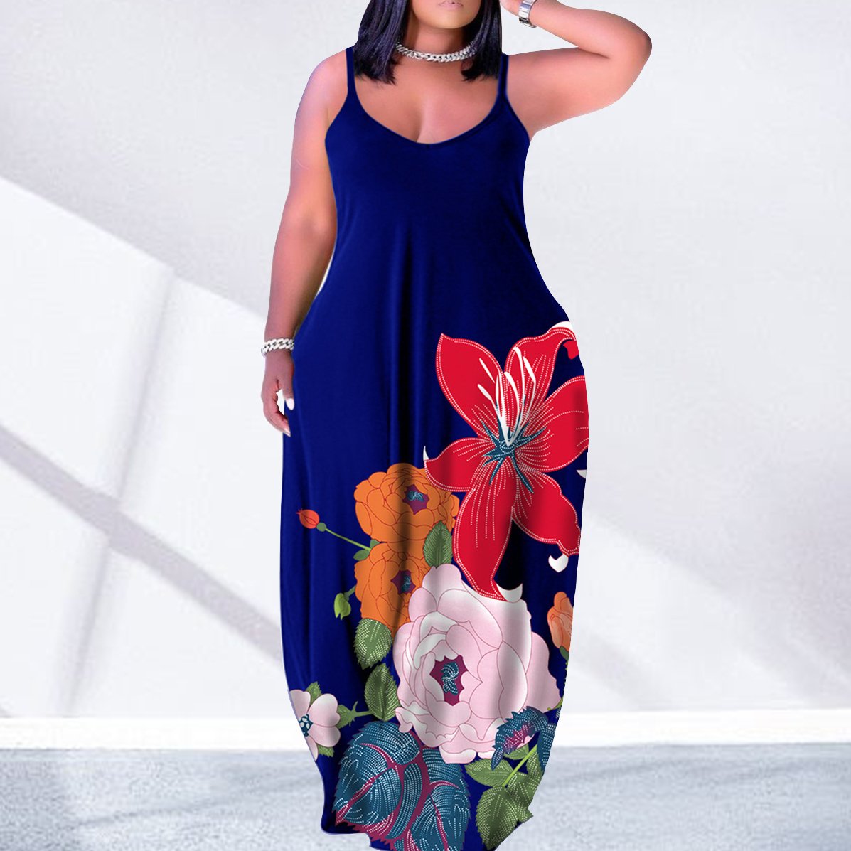Fashion Casual Sleeveless Plus Size Floral Sundress Women Loose Floor Length Sexy Maxi Dress with Pockets