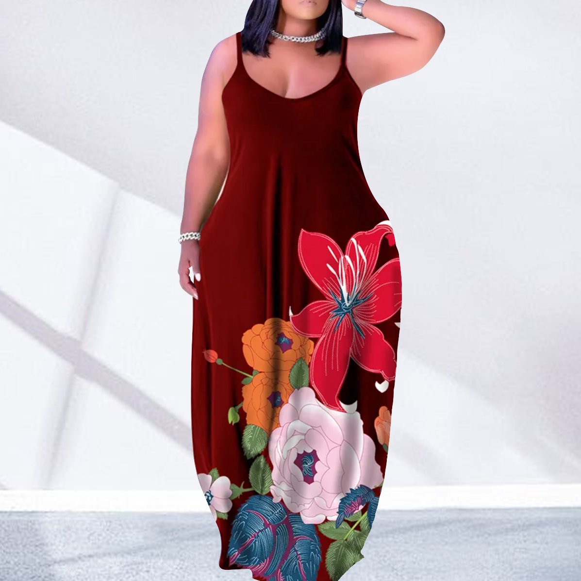 Fashion Casual Sleeveless Plus Size Floral Sundress Women Loose Floor Length Sexy Maxi Dress with Pockets
