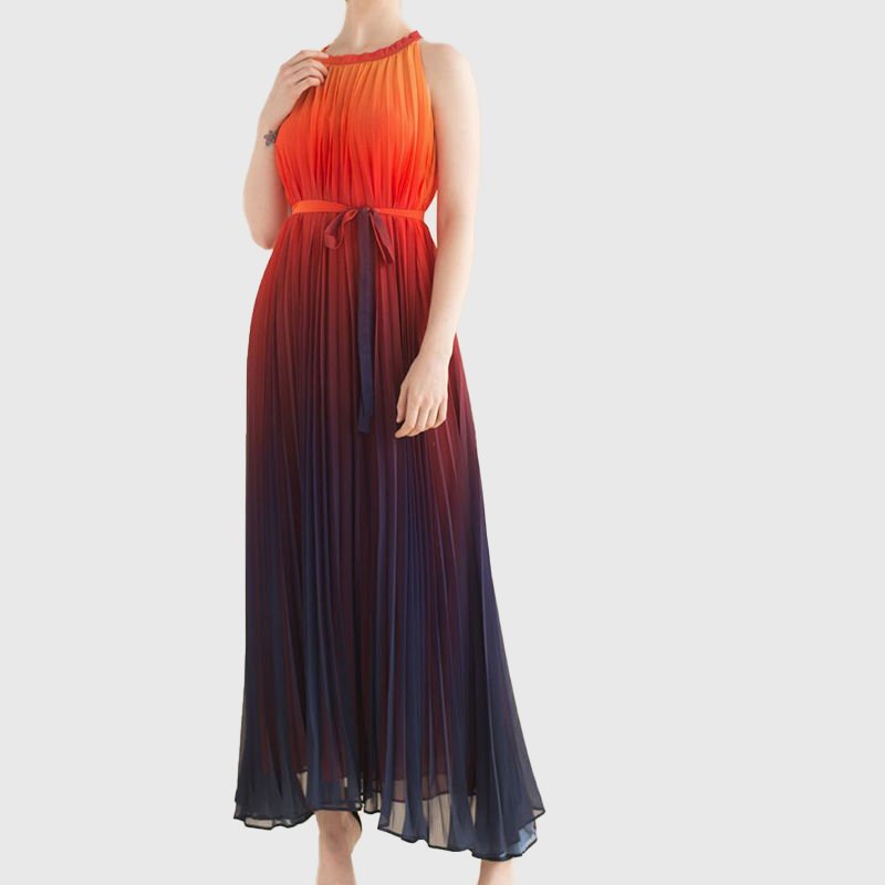 Redhk Custom High Quality New Arrives Chiffon Pleaded Maxi Dress Miyake Dip Dye Pleat Dress Women Pleated Casual Dress