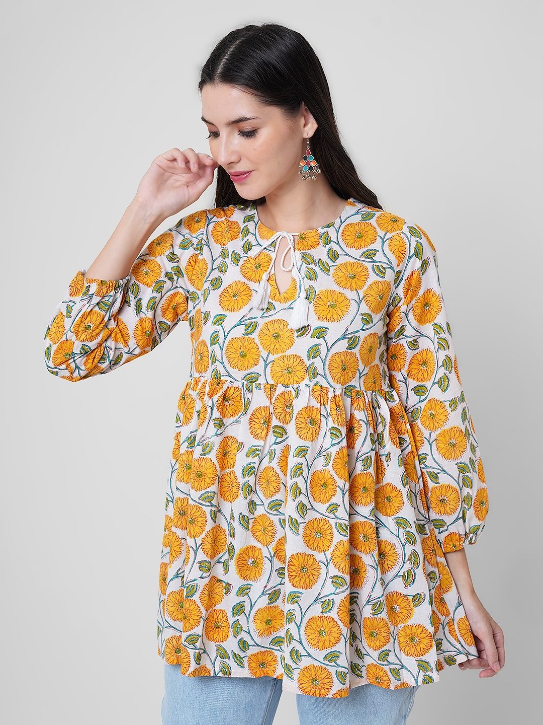 Flower Printed Hand Made Block Printed Short Top Maxi Dresses Women Wear beach Dresses In Wholesale Price women Loose Dresses