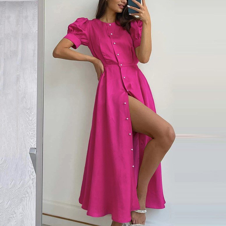 2023 Summer Puff Sleeve Split dress Summer Temperament Women's Clothing Magenta Long Shirt Sexy dress