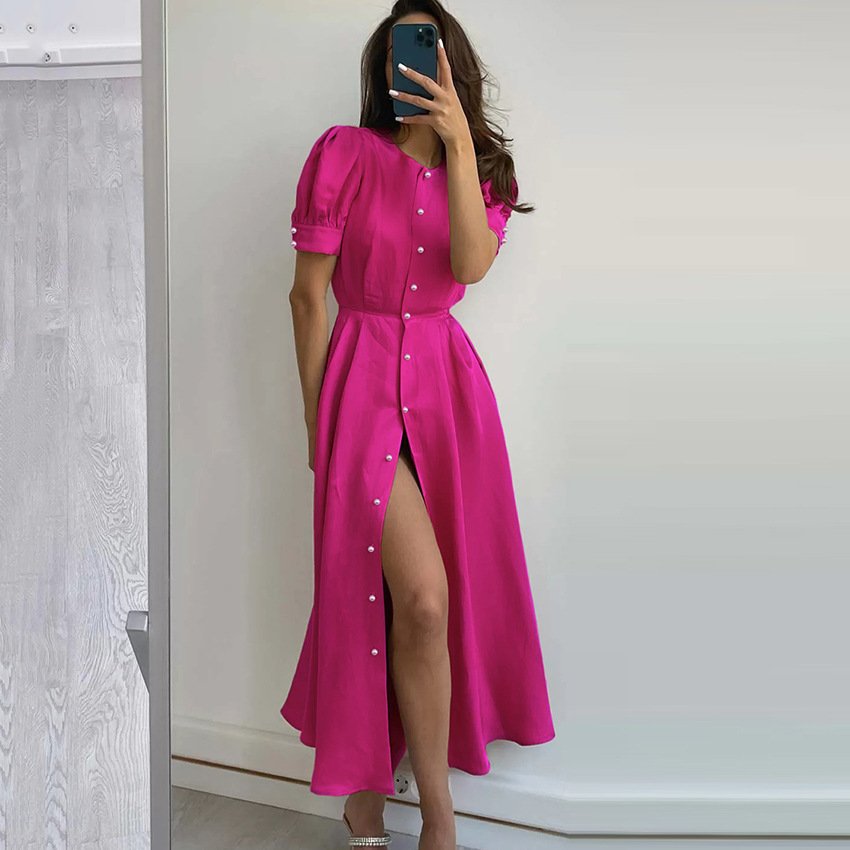 2023 Summer Puff Sleeve Split dress Summer Temperament Women's Clothing Magenta Long Shirt Sexy dress