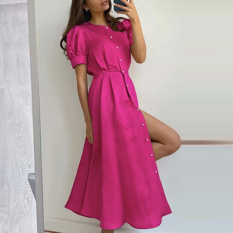 2023 Summer Puff Sleeve Split dress Summer Temperament Women's Clothing Magenta Long Shirt Sexy dress