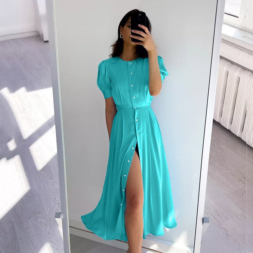 2023 Summer Puff Sleeve Split dress Summer Temperament Women's Clothing Magenta Long Shirt Sexy dress