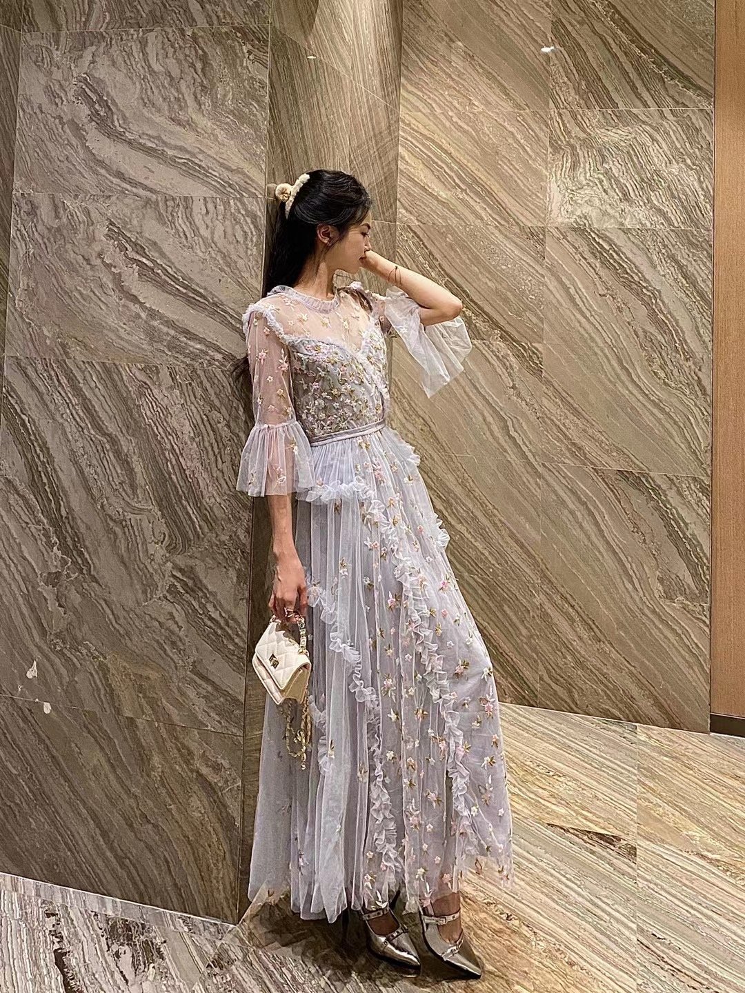 Bettergirl Pearl Belt Translucent Floral Lace White Skirts 2023 Summer Elegant Midi Dresses Women Embroidered Casual Dress