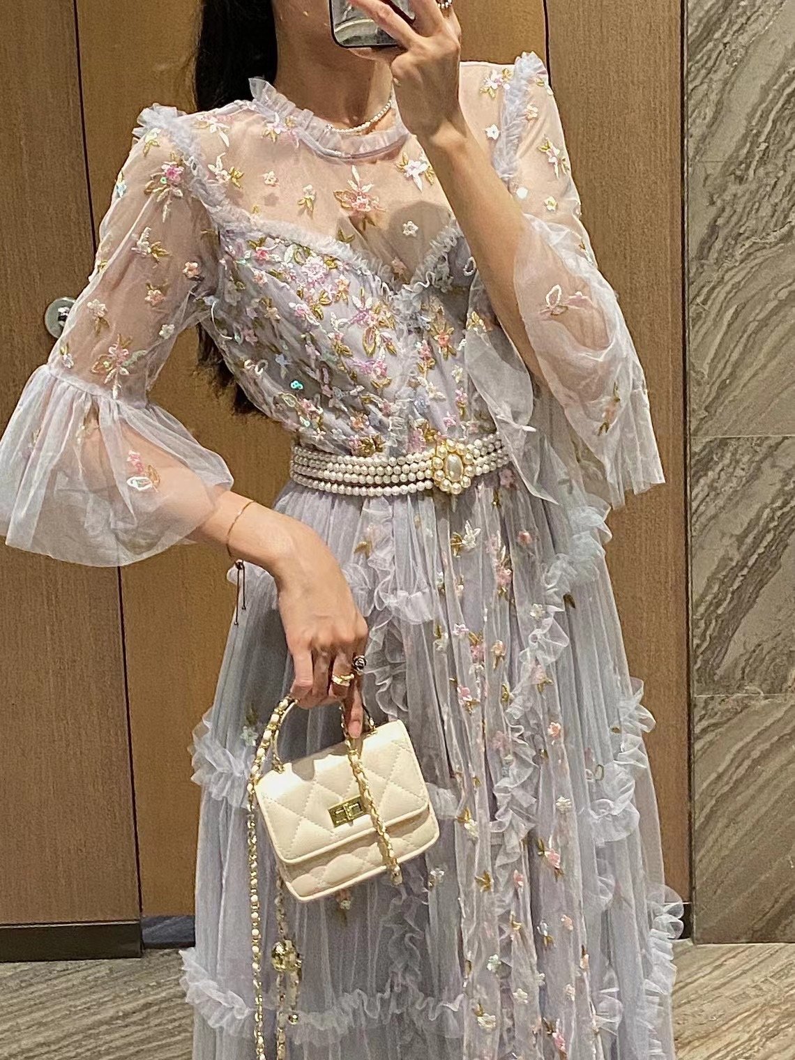 Bettergirl Pearl Belt Translucent Floral Lace White Skirts 2023 Summer Elegant Midi Dresses Women Embroidered Casual Dress