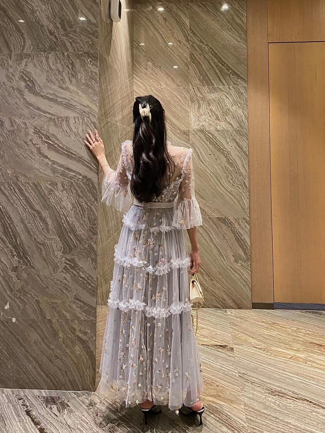 Bettergirl Pearl Belt Translucent Floral Lace White Skirts 2023 Summer Elegant Midi Dresses Women Embroidered Casual Dress