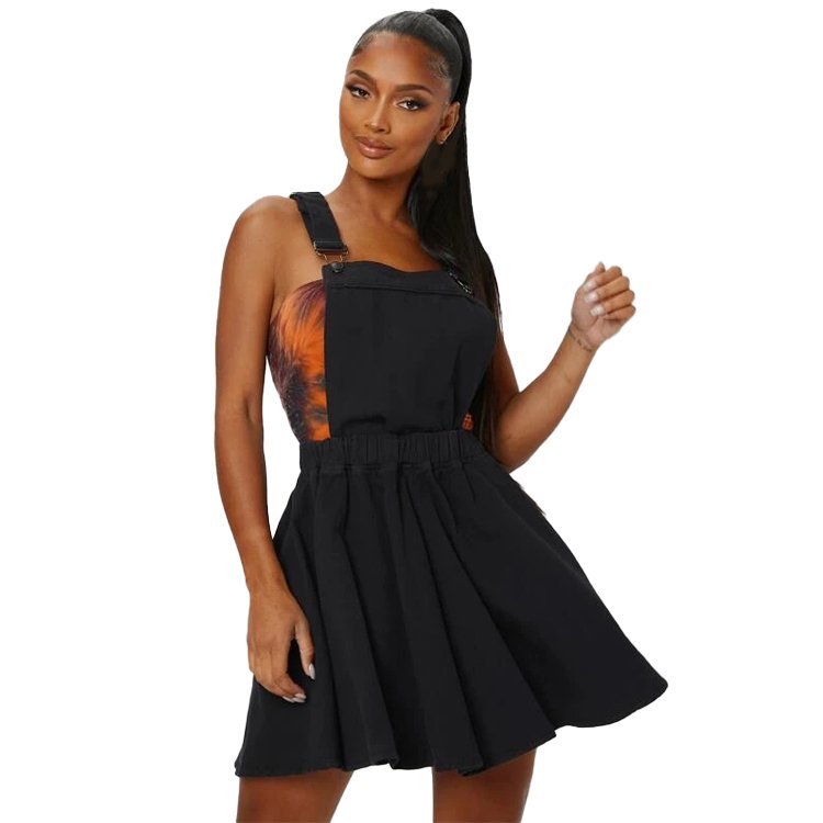 Strap Dress Women's Casual Jean Straps Overall Suspender Denim Black Mini Autumn Decorated With Button Simple Woven Adults 50pcs