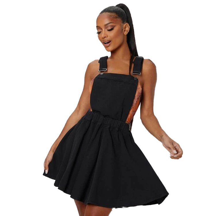 Strap Dress Women's Casual Jean Straps Overall Suspender Denim Black Mini Autumn Decorated With Button Simple Woven Adults 50pcs