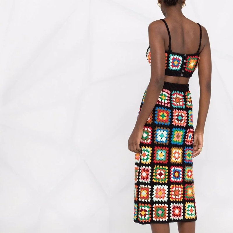 2024 Custom Handmade Cotton Knitwear Fashionable Boho Two-Piece Tops Skirts Sexy Summer Beachwear for Women Long Sleeve Dress