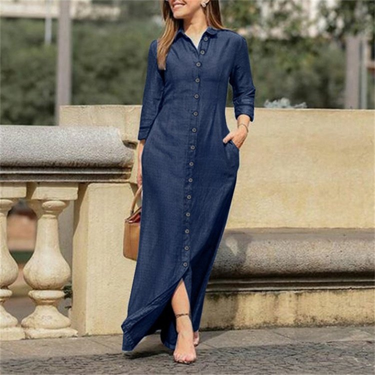 European And American Autumn Women's Elegant Fashionable Style Long Sleeved Lapel Solid Color Long Denim Skirt Dress