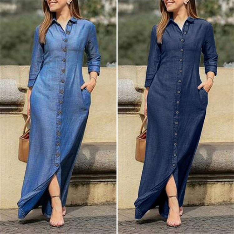 European And American Autumn Women's Elegant Fashionable Style Long Sleeved Lapel Solid Color Long Denim Skirt Dress