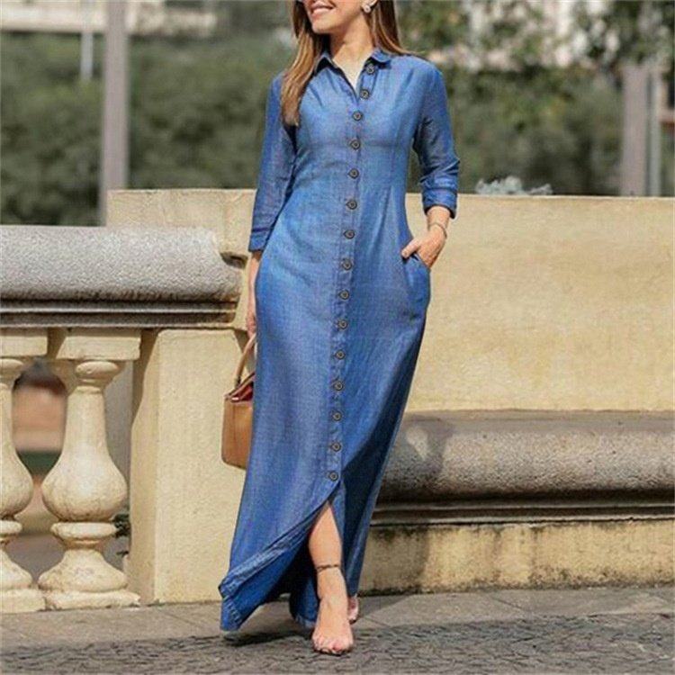 European And American Autumn Women's Elegant Fashionable Style Long Sleeved Lapel Solid Color Long Denim Skirt Dress