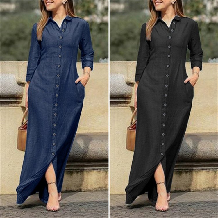 European And American Autumn Women's Elegant Fashionable Style Long Sleeved Lapel Solid Color Long Denim Skirt Dress