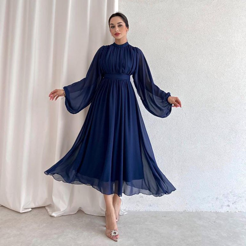 New Solid Long Sleeve High Waist Elegant Ladies Chiffon Dress Mock Neck Maxi Casual Dress For Women