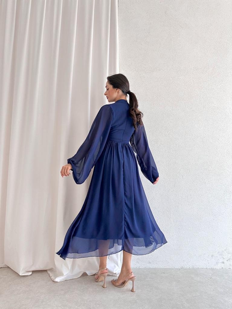 New Solid Long Sleeve High Waist Elegant Ladies Chiffon Dress Mock Neck Maxi Casual Dress For Women