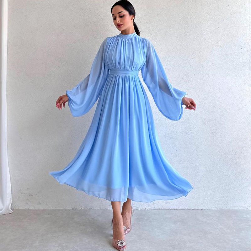 New Solid Long Sleeve High Waist Elegant Ladies Chiffon Dress Mock Neck Maxi Casual Dress For Women