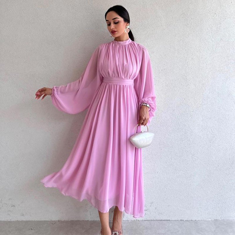 New Solid Long Sleeve High Waist Elegant Ladies Chiffon Dress Mock Neck Maxi Casual Dress For Women