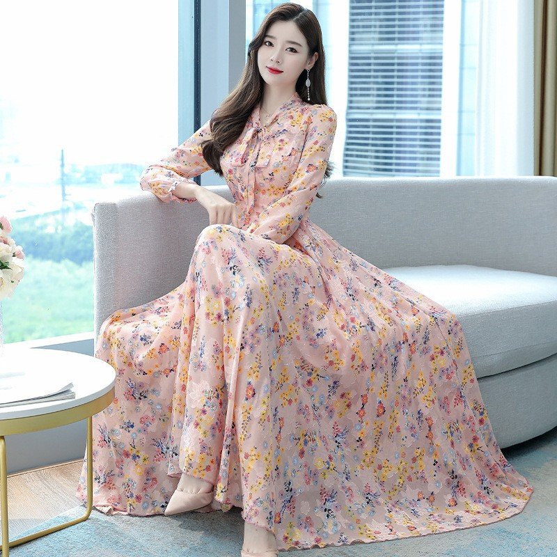 New Fashion Women Lady Chiffon Summer Bohemia Long Sleeve Floral Printing Long Dresses Strap V-Neck Beach Holiday Casual Dress