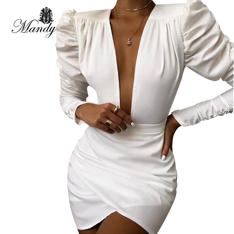 Mandy 2023 summer plus size ladies sexy deep v-neck mini dress simple casual elegant women's dresses