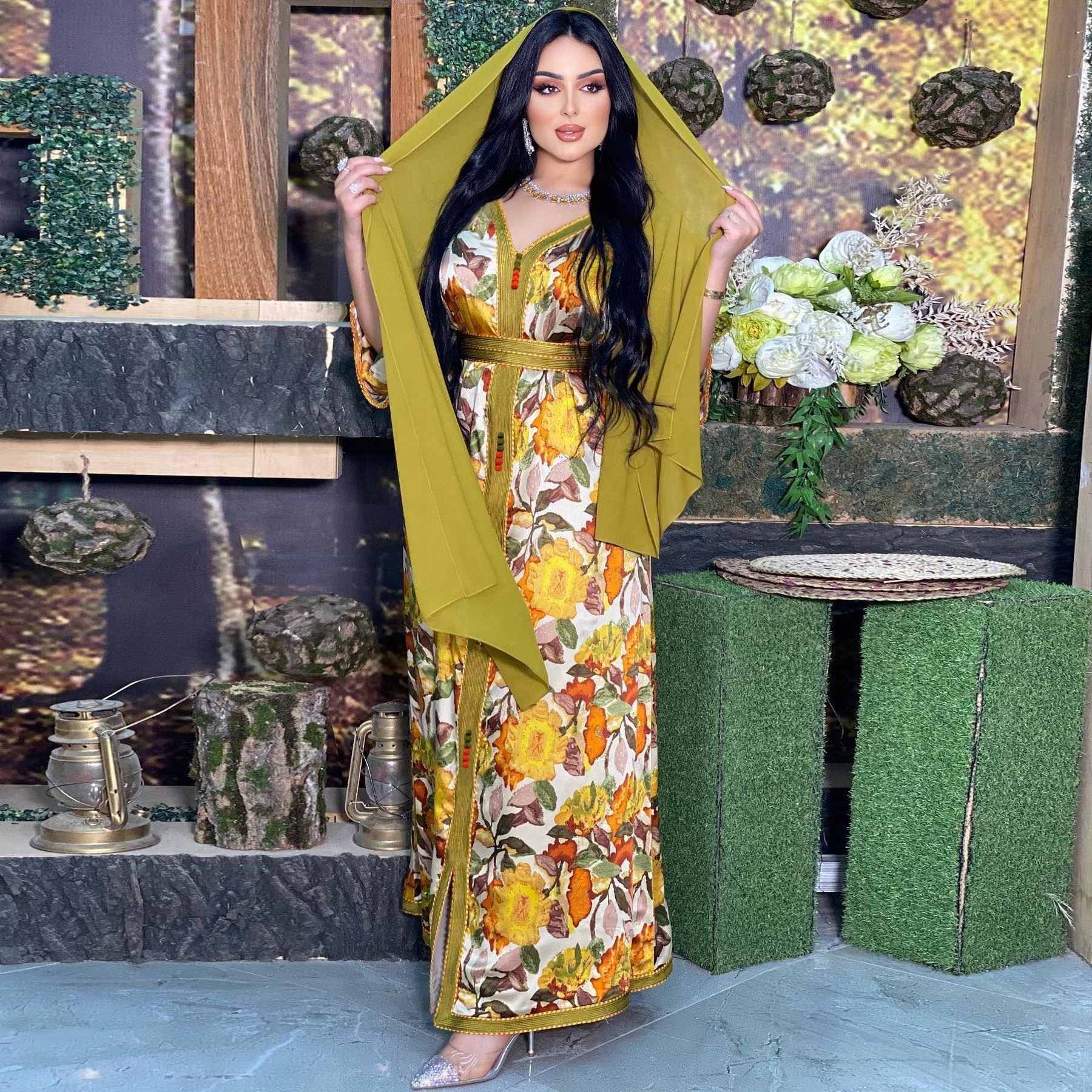Floral Ethnic Clothing Ribbon Maxi Dress Women Muslim Hijab Long Sleeve Loose Arabic Luxury Abaya Dubai Islam Moroccan Kaftan