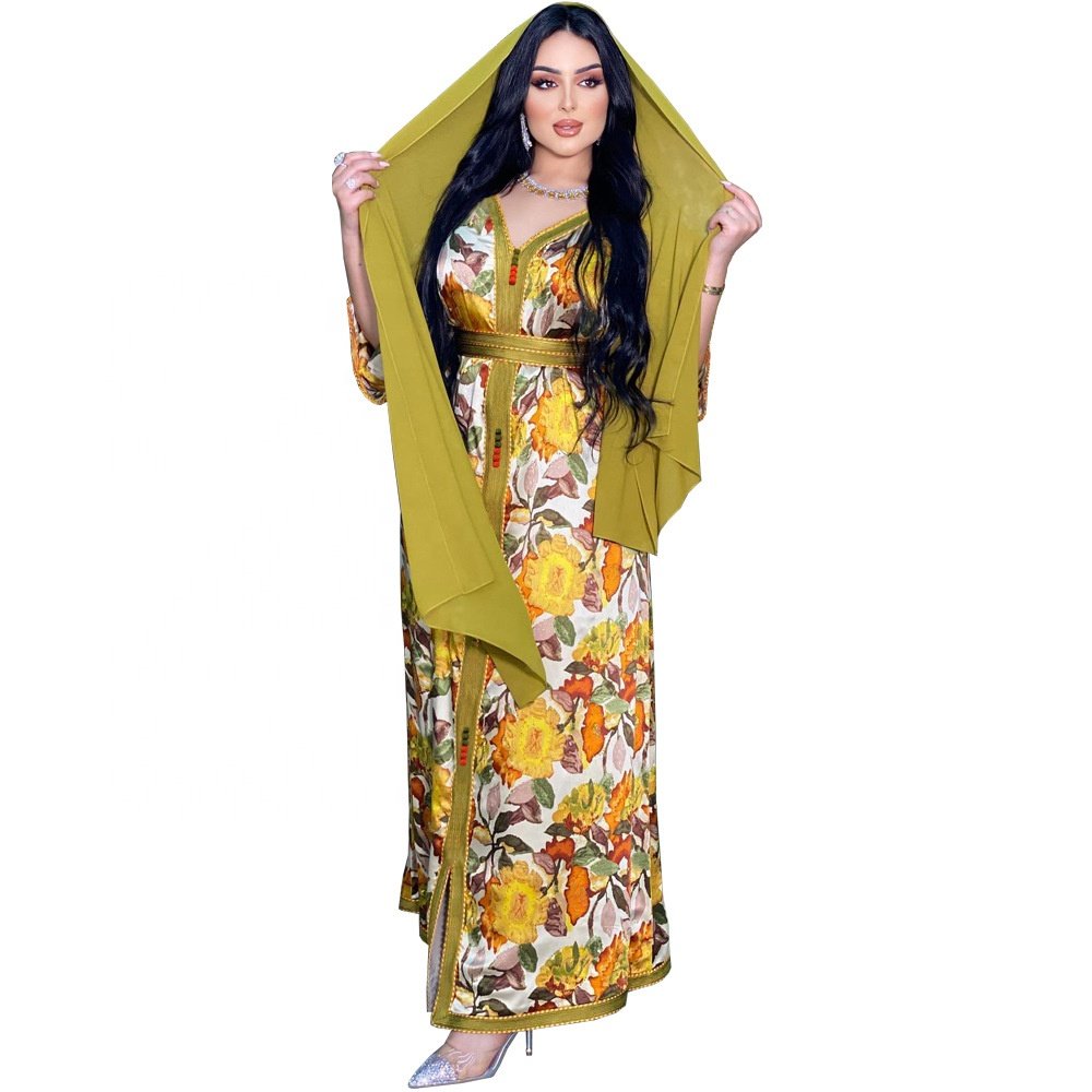 Floral Ethnic Clothing Ribbon Maxi Dress Women Muslim Hijab Long Sleeve Loose Arabic Luxury Abaya Dubai Islam Moroccan Kaftan