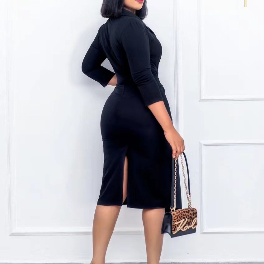 Wholesale Lapel Sexy High Waist Long Sleeve Slim Fitting Hip Bag Large Fashion Elegant Dress