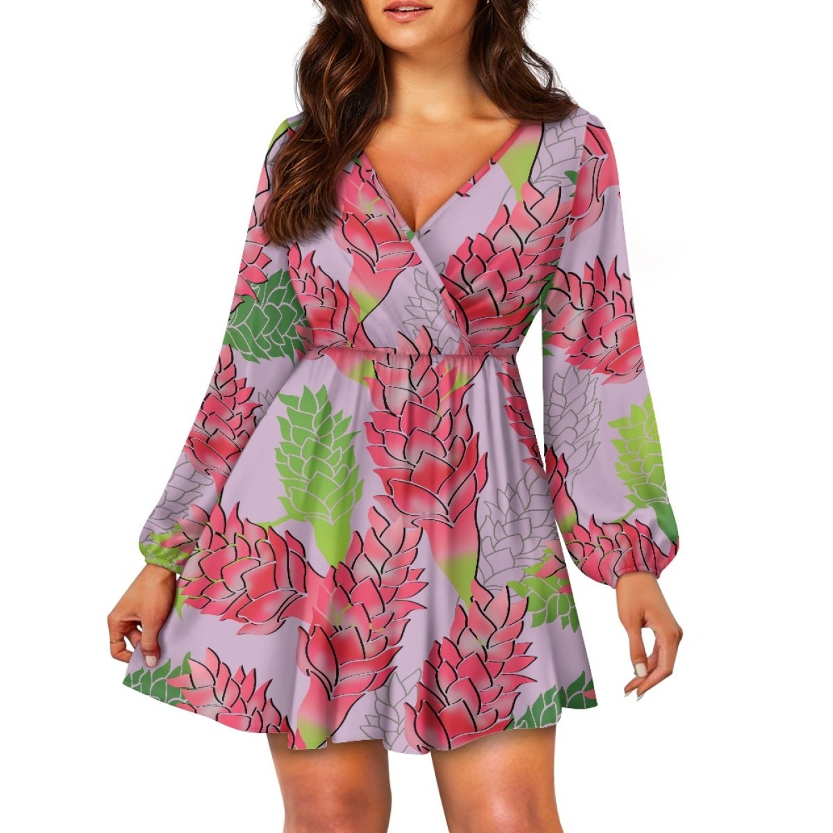 Custom Logo Design Plants Gingers Hawaiian Prints Sexy Fashion Women's V-Neck Dress Print On Demand Women's Casual Dresses