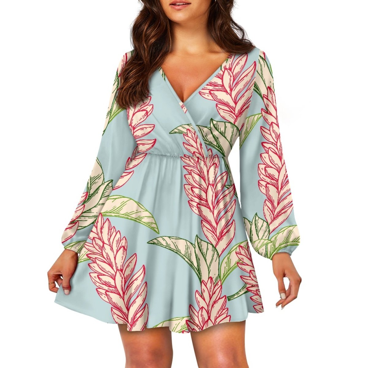 Custom Logo Design Plants Gingers Hawaiian Prints Sexy Fashion Women's V-Neck Dress Print On Demand Women's Casual Dresses