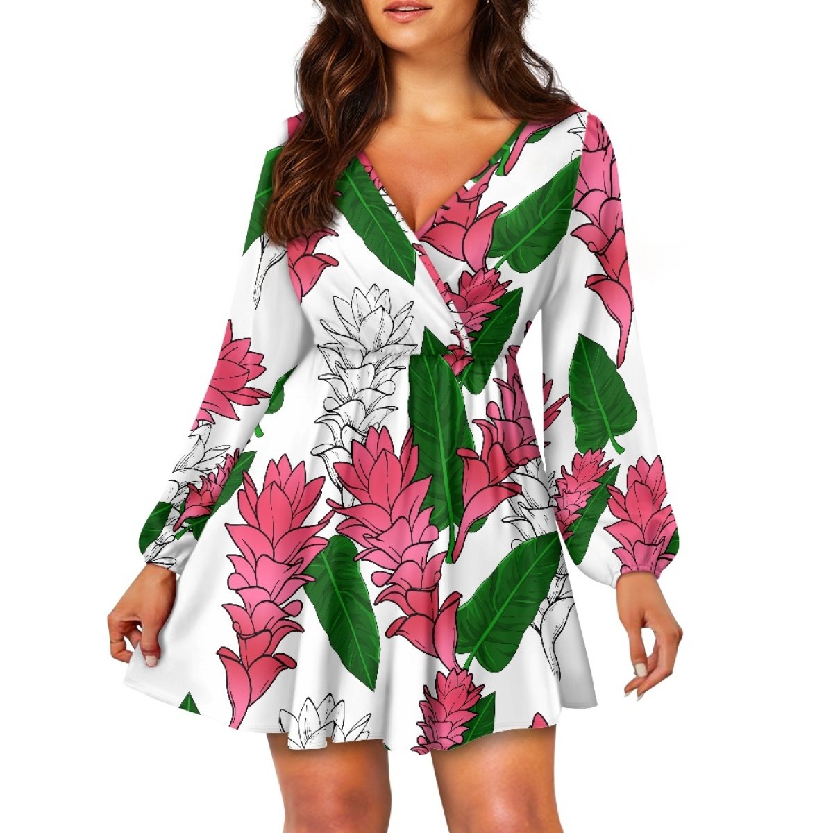Custom Logo Design Plants Gingers Hawaiian Prints Sexy Fashion Women's V-Neck Dress Print On Demand Women's Casual Dresses